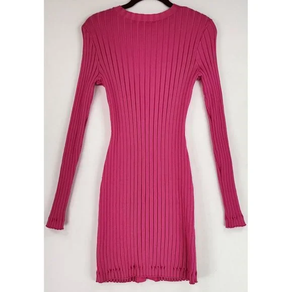 Endless Rose Dress Womens Small Pink Rulffe V Neck Ribbed Button Down Knit Mini - Picture 2 of 11
